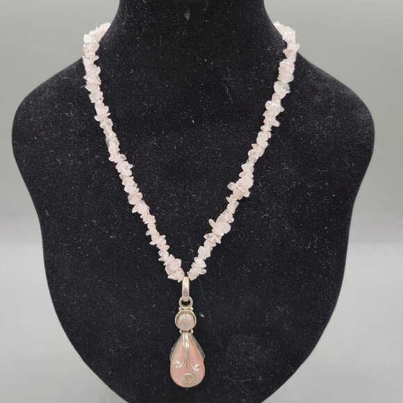 Rose Quartz Chip Bead Necklace Quartz Teardrop Sterling Pendant Wire Wrap - Picture 1 of 9